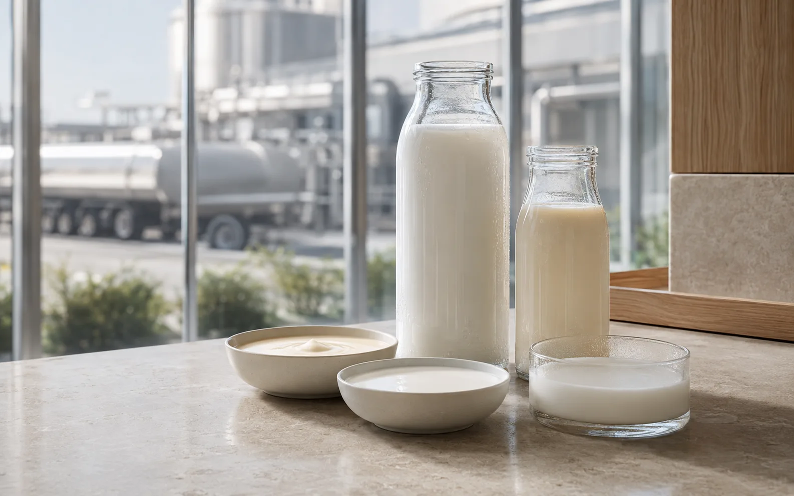 Bottles of milk and cream on a counter, a milk tanker passing the window at a dairy plant behind