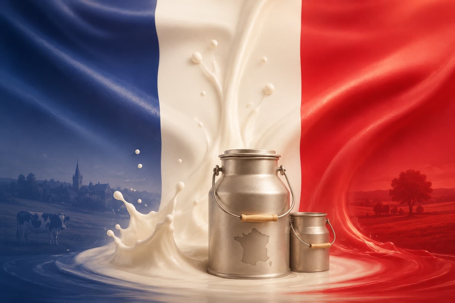 Milk churns against the French tricolore, a splash of milk across it