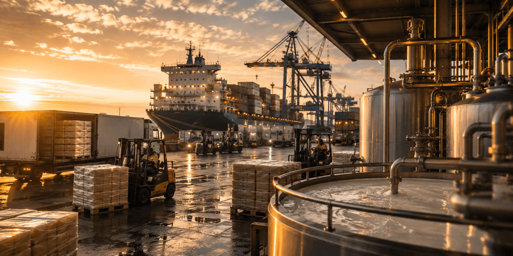 A port at sunrise: pallets of dairy powder on a wet quay, forklifts loading, a container ship and gantry cranes behind, and processing tanks on the right