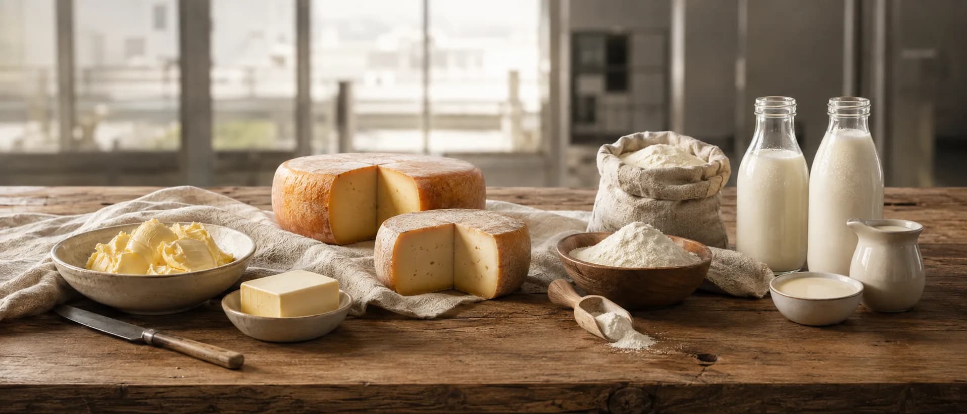 Butter, cut Gouda wheels, milk powder and bottles of milk and cream on a plank table by a factory window