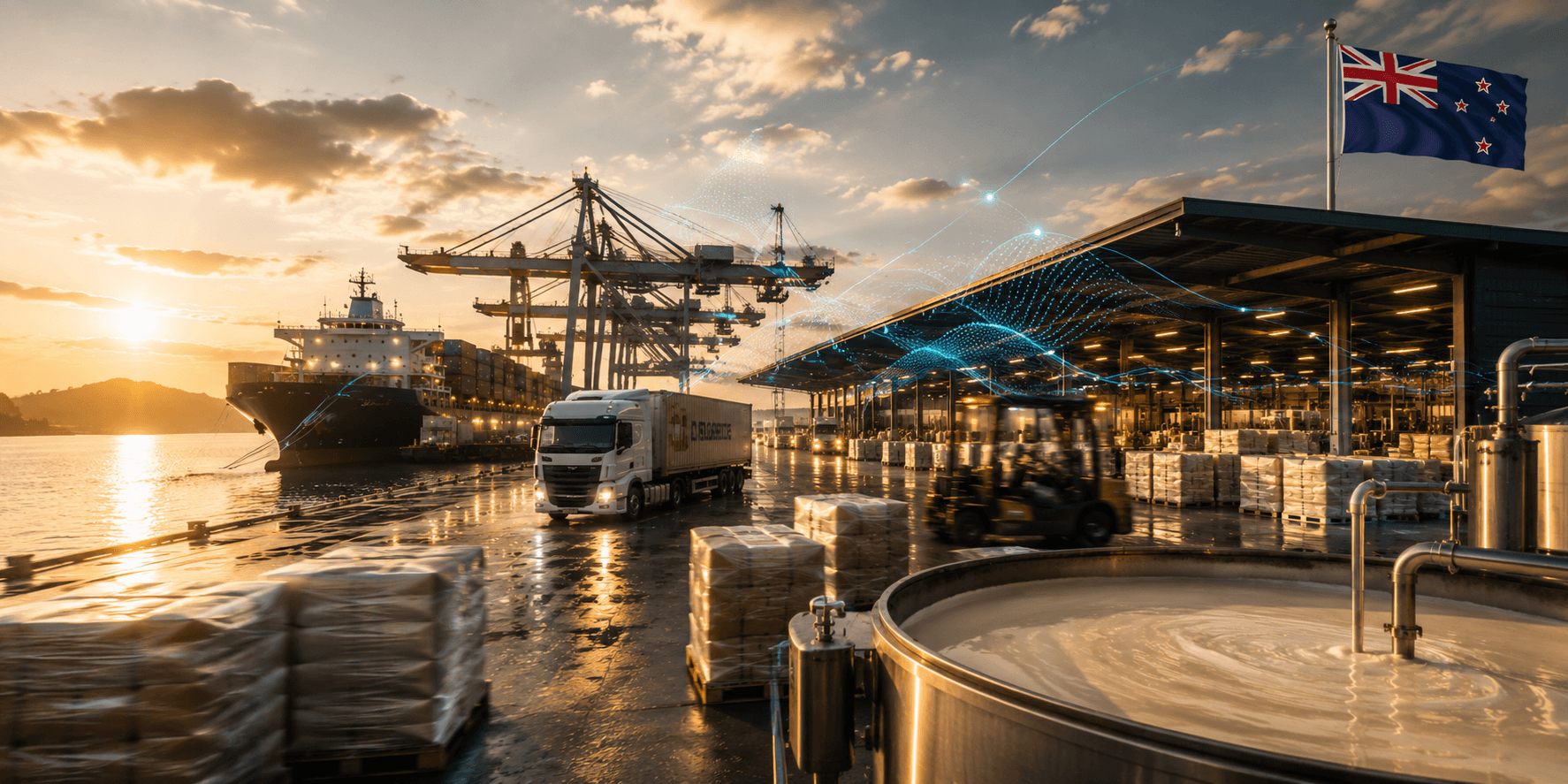 A New Zealand export terminal at sunrise: a container ship at the berth, a truck on the quay, pallets of dairy powder under the shed, and a network of light drawn across the scene