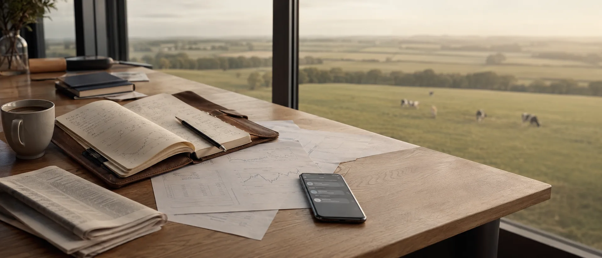 A journal, printed price charts and a newspaper on a desk by a window looking out over pasture at dawn