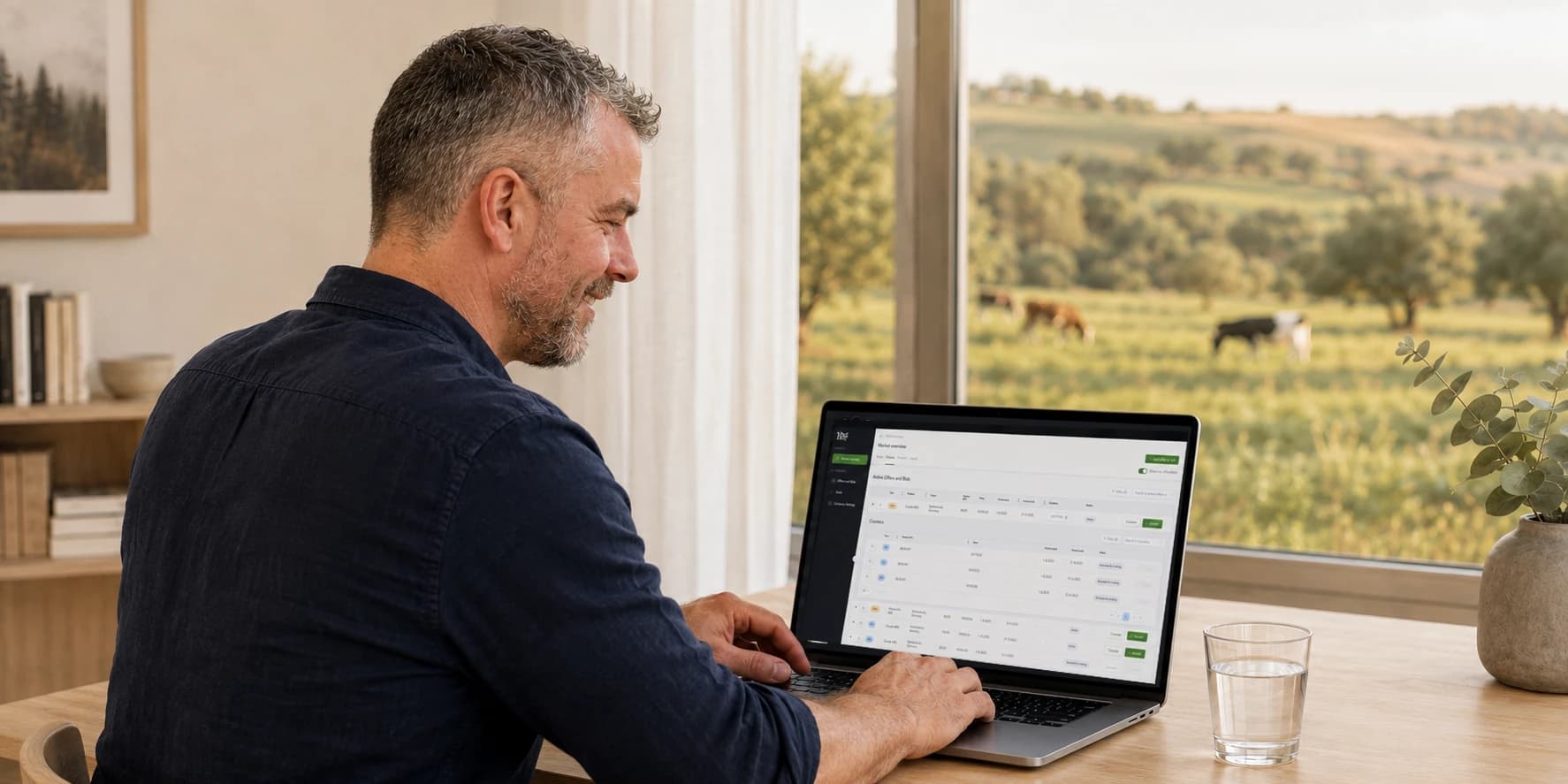 Twan Swanen smiling at his laptop with the Get Fair Dairy Marketplace open, cows grazing in the pasture beyond the window