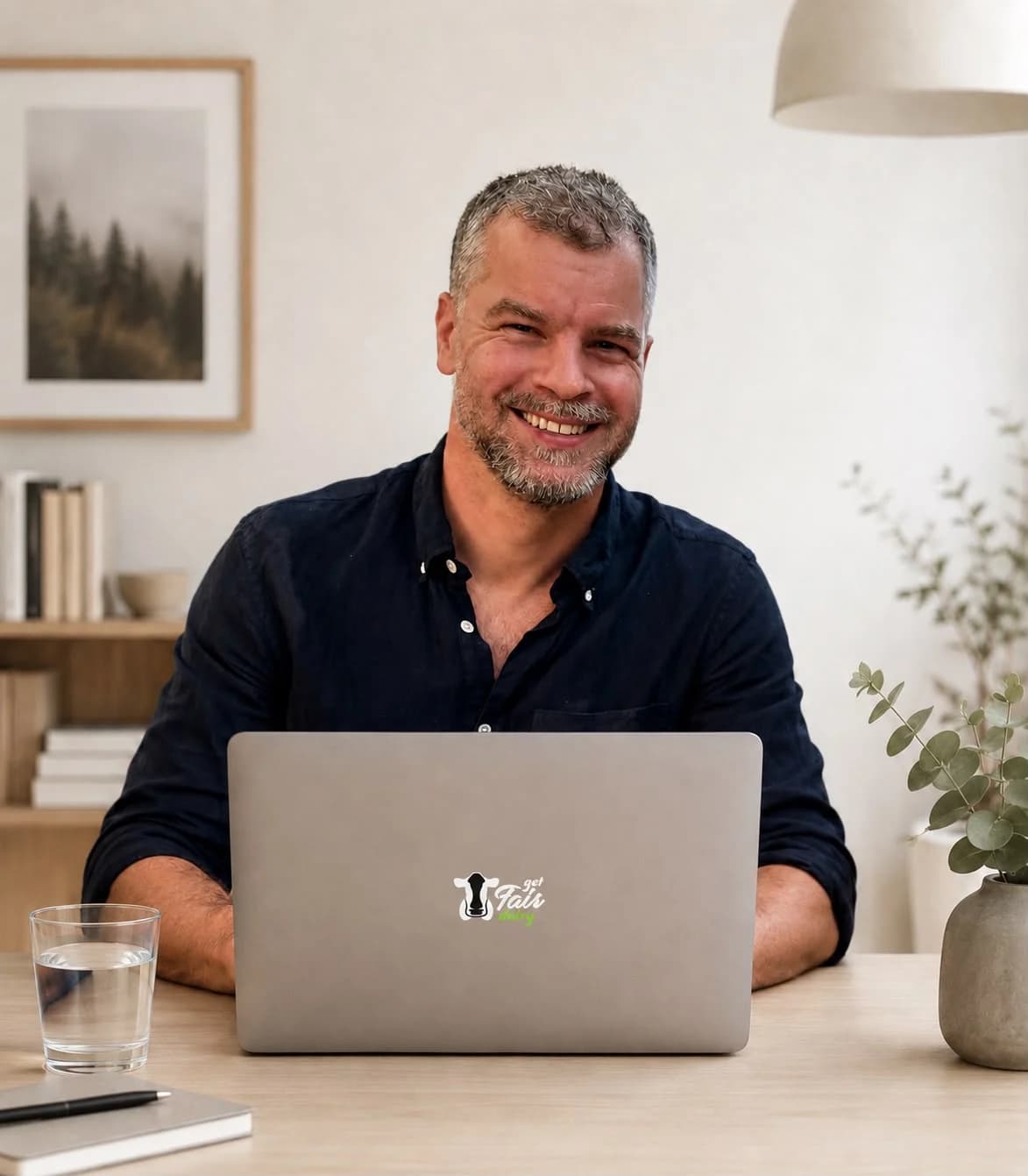 Twan Swanen smiling behind his laptop with the Get Fair Dairy logo on the lid
