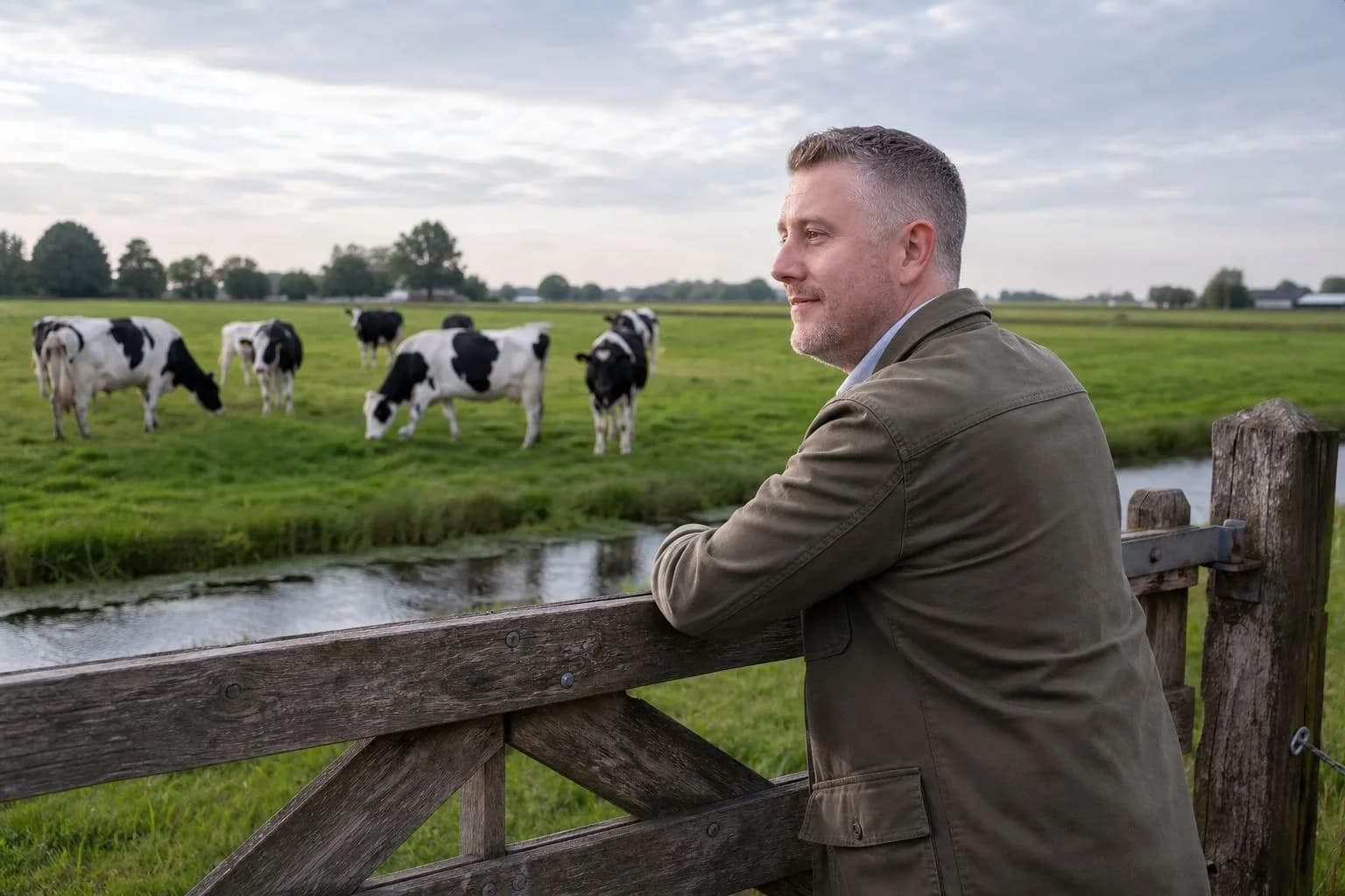 Wouter Reijntjes leaning on a field gate, looking out over a herd of Friesian dairy cows
